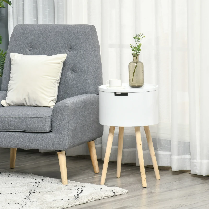 HOMCOM Mesa de Apoio com Tampa Removível Espaço de Armazenamento e Pés de Madeira Ø38x63cm Branco