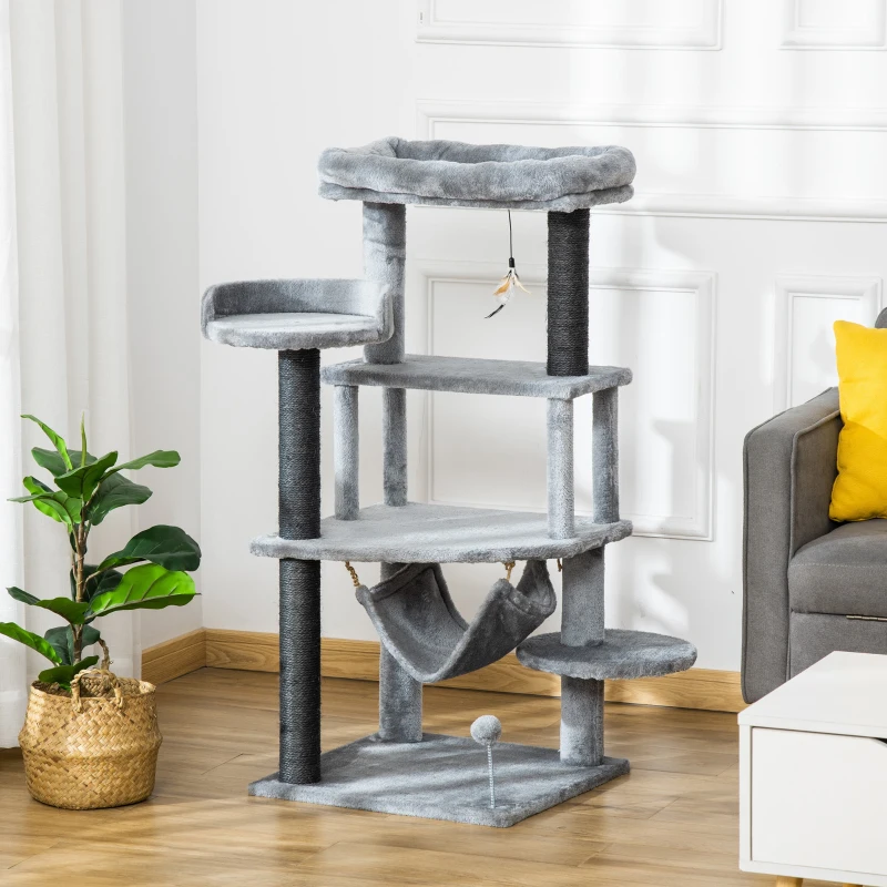 PawHut Árvore Arranhadora para Gatos 48x48x107cm com Caverna de Feltro Desmontável Rede Camas de Felpa Múltiplas Plataformas Poste Arranhador de Sisal e Brinquedos Cinza