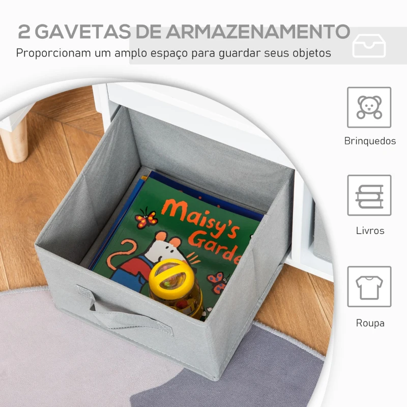 HOMCOM 2 EM 1 Banco de Madeira para Crianças 60x43x57cm Convertivel em Secretária Infantil 60x60x43cm com Assento 2 Cestos de TNT para Armazenamento Removíveis Branco