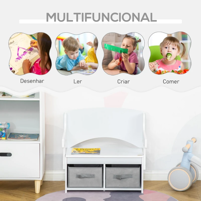 HOMCOM 2 EM 1 Banco de Madeira para Crianças 60x43x57cm Convertivel em Secretária Infantil 60x60x43cm com Assento 2 Cestos de TNT para Armazenamento Removíveis Branco
