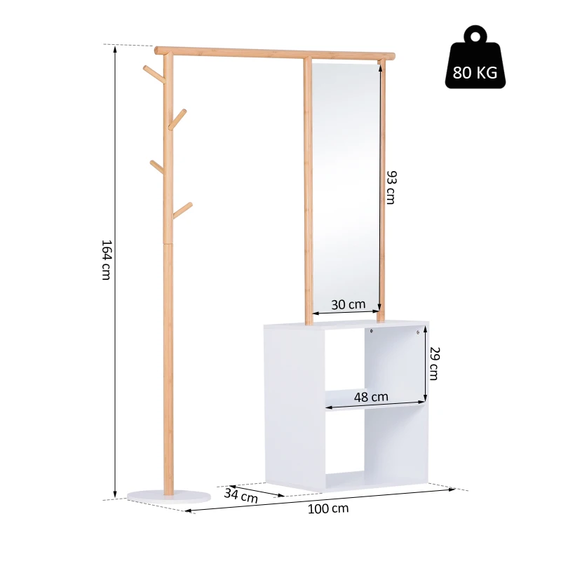 HOMCOM 100 x 34 x 164cm Multi-Functional Dressing mirror With Clothes Rack, Storage Cabinet, Bamboo color, White