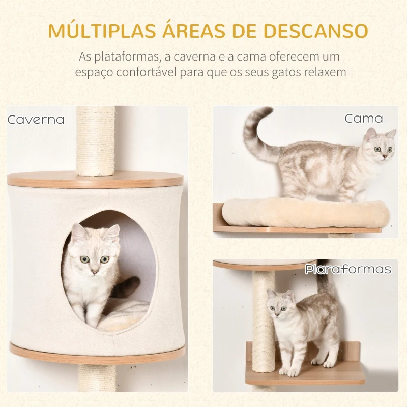 PawHut Árvore para Gatos de Parede com Múltiplas Plataformas Caverna Cama Superior Almofada Removível Postes Arranhadores de Sisal Torre para Escalar 38x30x149cm Bege e Carvalho