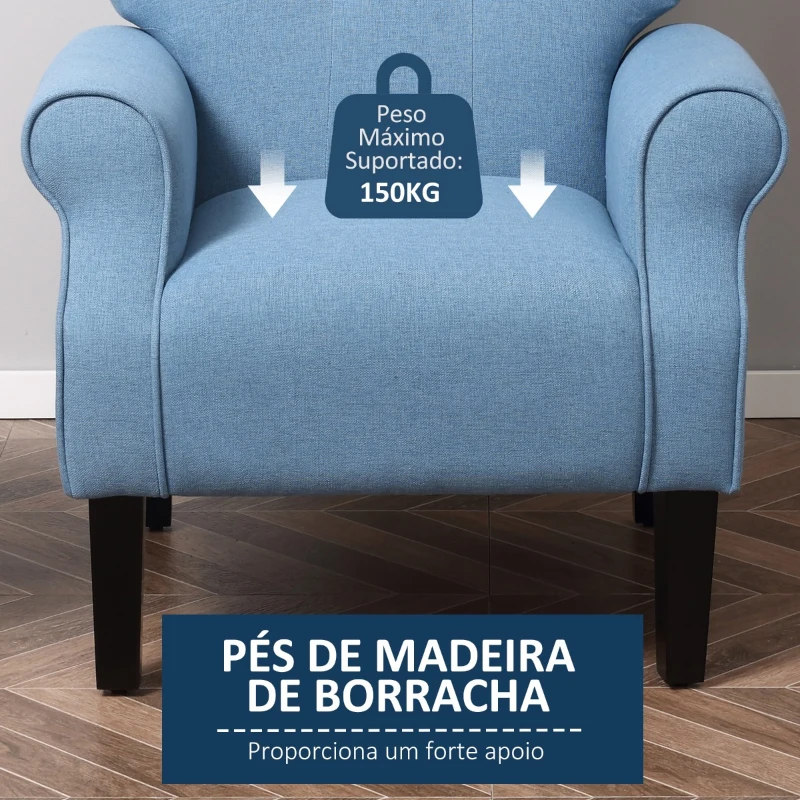 HOMCOM Poltrona de Sala de Estar Estofada Poltrona Relax com Apoio para os Braços Assento Acolchoado e Pés de Madeira Estilo Moderno para Dormitório 78x74x97cm Azul Claro