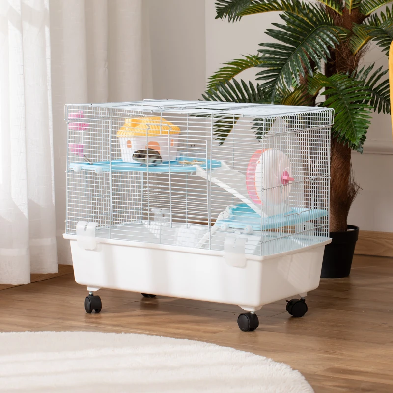 PawHut Gaiola para Hamster Gaiola para Pequenos Roedores com Casa Comedouro Bebedouro Roda de Exercícios Alça e Rodas com Freio 60x35x47cm Branco