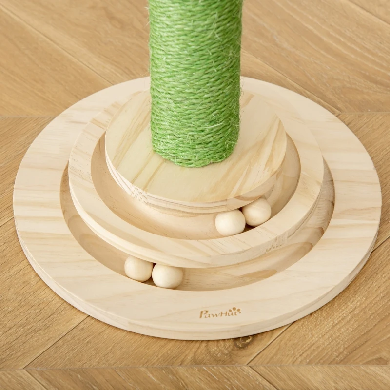 PawHut Poste Arranhador para Gatos em Forma de Cactus Pequena Árvore Arranhadora para Gatos com Poste de Sisal e Pelúcia Bola Suspensa e Base com Brinquedo de Madeira 32x32x60cm Verde