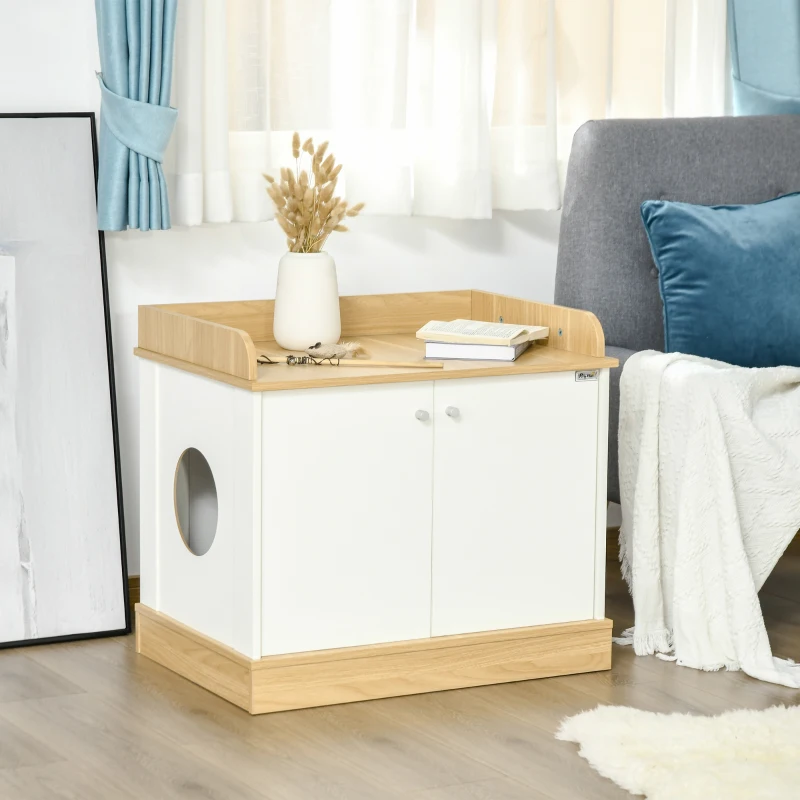 PawHut Casa para Gatos de Madeira Móvel Caixa de Areia para Gatos 2 em 1 com Bancada de Armazenamento Dupla Porta e Orifício de Entrada Lateral 75x53x67cm Branco e Carvalho
