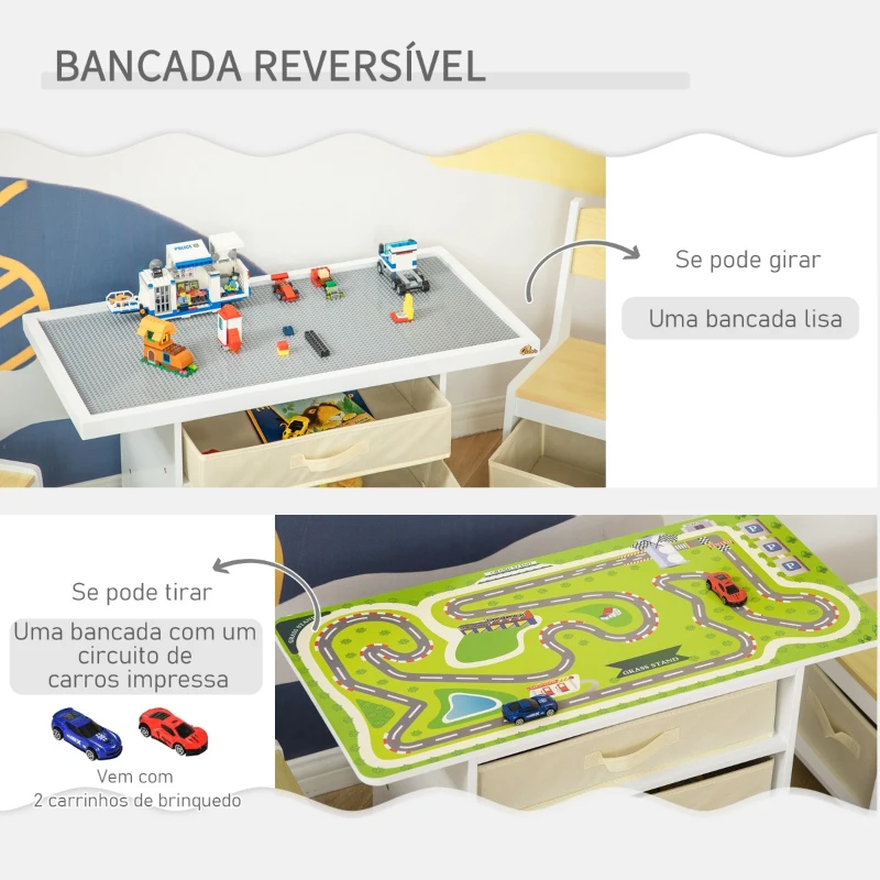 HOMCOM Conjunto de Mesa 3 em 1 com 2 Cadeiras de Madeira 5 Gavetas de TNT para Armazenamento Mesa de Atividades para Blocos de Construção e Circuito de Carros Branco e Madeira