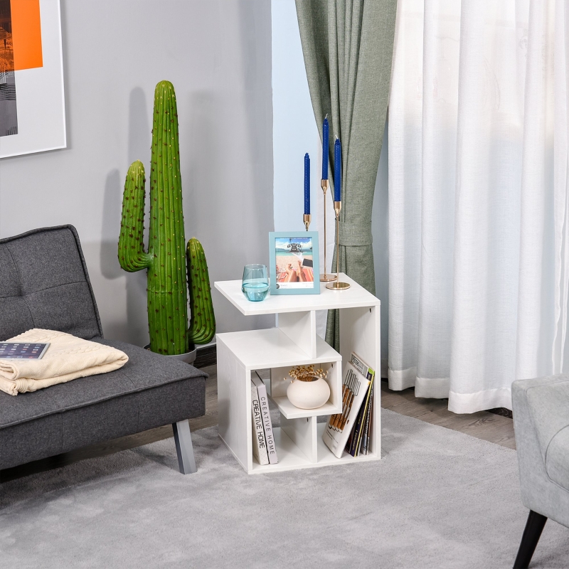 HOMCOM Wooden Side Table, 3 Tier End Table with Open Storage Shelves, Living Room Coffee Table Organiser Unit, White