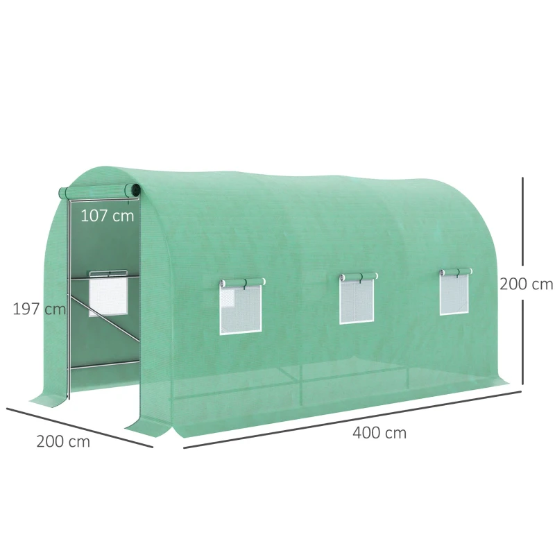 Outsunny Estufa Tipo Túnel 400x200x200cm Estufa de Túnel com Portas Enroláveis e 6 Janelas Cobertura de PE 140 g/m² Estrutura de Metal para Cultivo de Plantas Verduras Verde