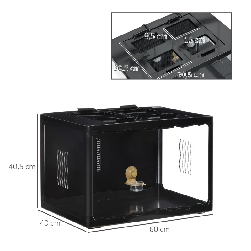 PawHut Terrário para Reptéis Terrário para Insetos de Acrílico com Comedouro Termômetro 2 Suportes para Lâmpada E27 e Interruptor para Largato Camaleão 60x40x40,5cm Preto