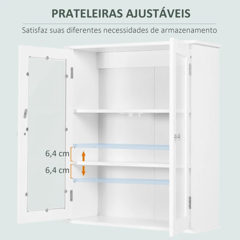 kleankin Armário Casa de Banho de Parede com 2 Portas de Cristal Armário Suspenso com Prateleiras Ajustáveis em Altura Multiuso para Cozinhas Sala de Estar 55x20x65cm Branco