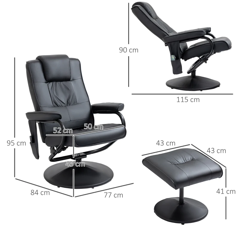 HOMCOM Poltrona de Massagem Elétrica com Banco para Apoiar os Pés Poltrona Relax Giratório Reclinável em até 145° com Controle Remoto e 10 Zonas de Massagem Estofado em PU 77x84x95cm Preto