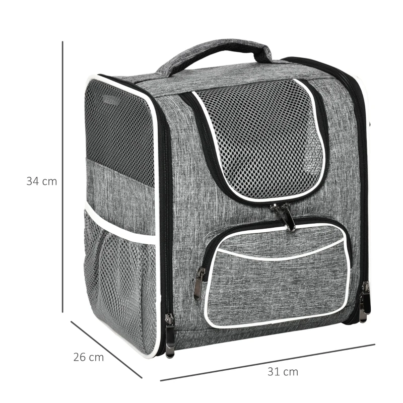 PawHut Mochila Transportadora para Gatos e Cães Pequenos Bolsa de Transporte para Animais de Estimação Dobrável Transpirável com Almofada Removível e Cinto de Segurança para Viagem 31x26x34cm Cinza