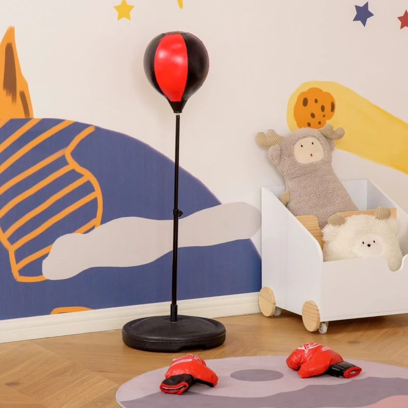 HOMCOM Punching Ball de Boxe para Crianças de +3 Anos com Altura Ajustável Luvas e Inflador Base 33x33x73-109cm Preto e Vermelho