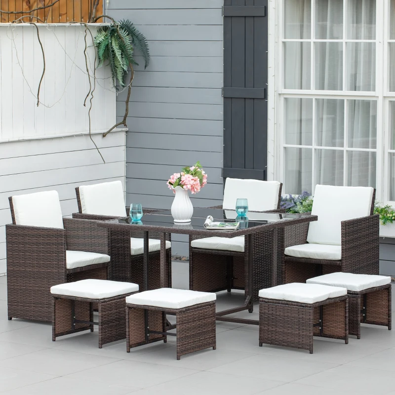 Outsunny Conjunto de Móveis de Vime PE para Jardim Conjunto de 9 Peças Mesa Cadeiras e Bancos com Almofadas para Exterior Marrom