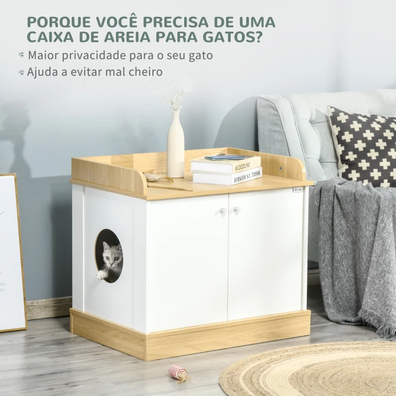 PawHut Casa para Gatos de Madeira Móvel Caixa de Areia para Gatos 2 em 1 com Bancada de Armazenamento Dupla Porta e Orifício de Entrada Lateral 75x53x67cm Branco e Carvalho