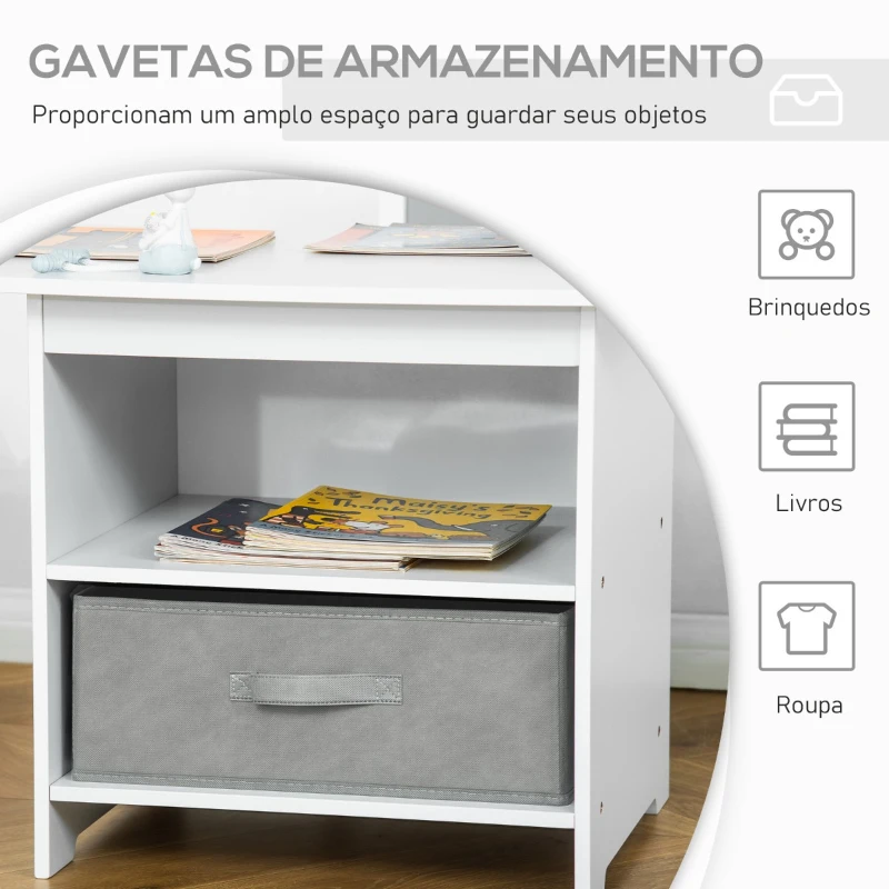 HOMCOM Conjunto de Mesa Infantil de Madeira com 2 Cadeiras 2 Gavetas de TNT de Armazenamento Mobiliário para Crianças Secretária 71x48x49cm Cadeiras 29x27x53cm Branco e Cinza