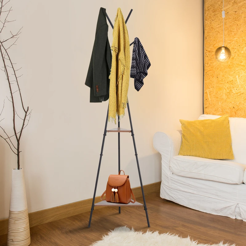 HOMCOM Metal Free Standing Hallway Coat Rack Tree with 6 Hooks and 2-Tier Storage Shelves