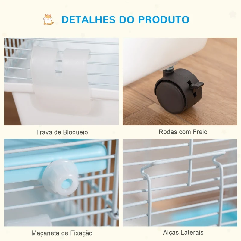 PawHut Gaiola para Hamster Gaiola para Pequenos Roedores com Casa Comedouro Bebedouro Roda de Exercícios Alça e Rodas com Freio 60x35x47cm Branco