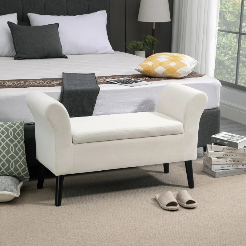 HOMCOM Banco para Pé de Cama Estofado em Veludo Banco de Armazenamento Acolchoado com Tampa Apoio para os Braços Pés de Madeira para Dormitório Sala de Estar 111,5x41x65cm Branco Creme