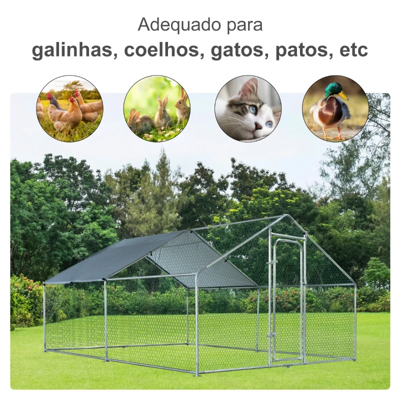 PawHut Galinheiro de Exterior Grande 3x4x1,95cm Gaiola de Metal Galvanizado para Galinhas Coelhos Aves com Fechadura e Cobertura de Tecido de Oxford Prata