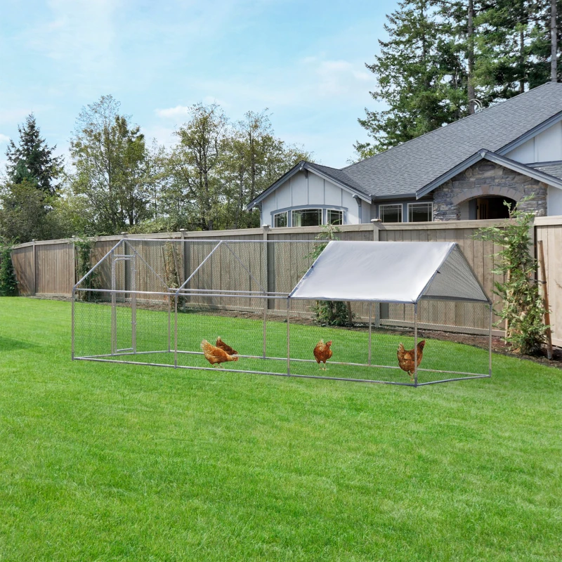 PawHut Galinheiro de Exterior Grande 303,5x600x195cm Gaiola de Metal Galvanizado para Galinhas Coelhos Aves com Fechadura e Cobertura de Tecido de Oxford Prata