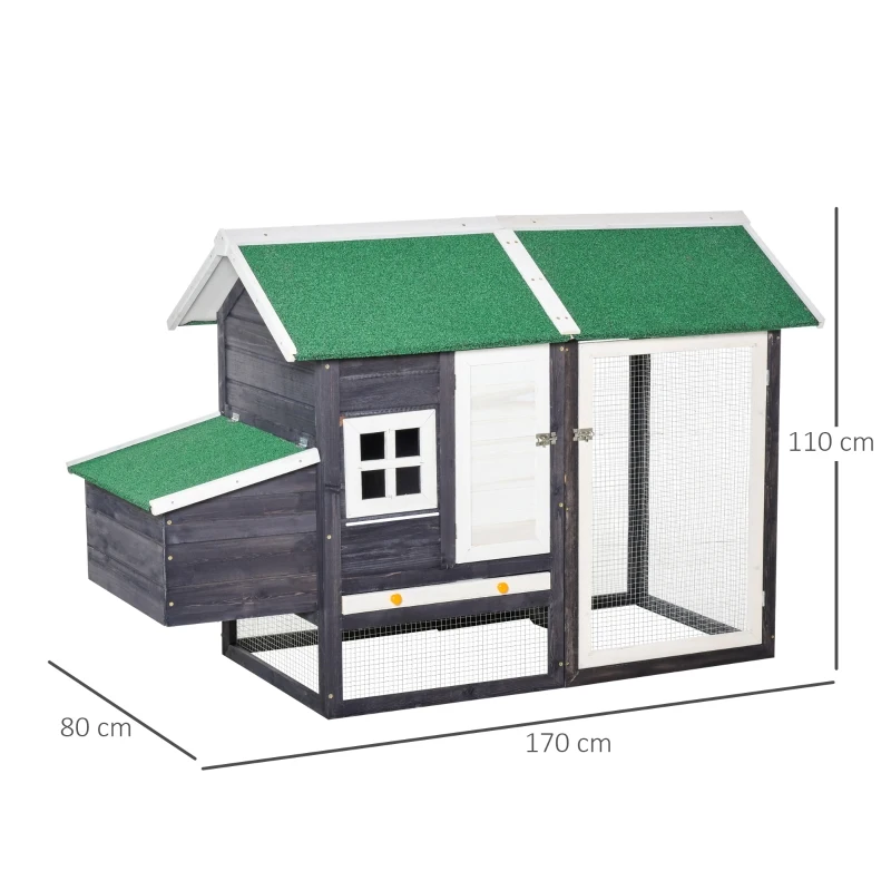 PawHut 170cm Deluxe Chicken Coop Small Animal Habitat Hen House with Outdoor Run Resting  Nesting Box Removable Tray Waterproof Asphalt Roof Lockable Door Grey