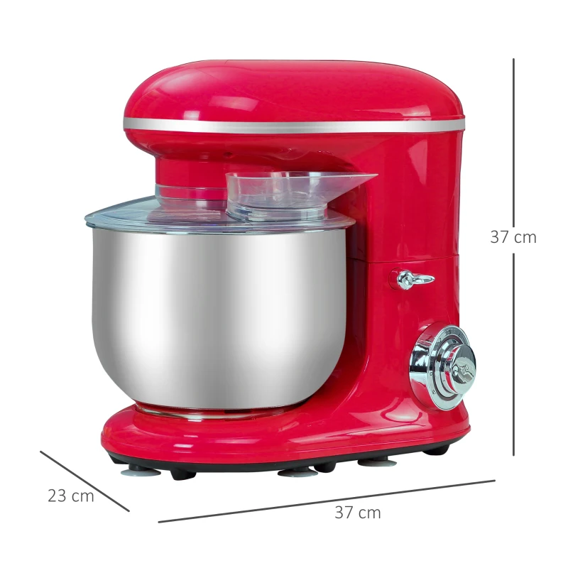 HOMCOM Batedeira para Sobremesa Profissional 1200W Batedeira de Cozinha com 6 Velocidades Taça de Aço Inoxidável de 5,5L e 3 Acessórios Incluidos 37x23x37cm Vermelho