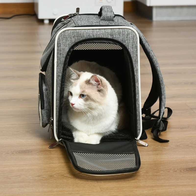 PawHut Mochila Transportadora para Gatos e Cães Pequenos Bolsa de Transporte para Animais de Estimação Dobrável Transpirável com Almofada Removível e Cinto de Segurança para Viagem 31x26x34cm Cinza
