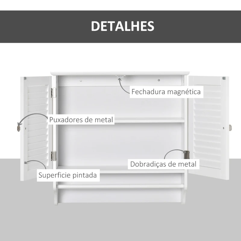 kleankin Armário Casa de Banho de Parede com 2 Portas de Persiana Prateleira Interior e Barra para Toalhas Móvel Auxiliar Suspenso Moderno Multiuso para Cozinha 60x23x60cm Branco