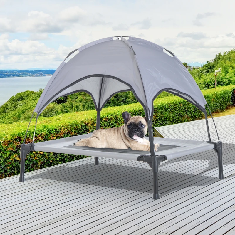 PawHut Raised Dog Bed Waterproof Elevated Pet Cot with Breathable Mesh UV Protection Canopy Grey, for Medium Dogs, 76 x 61 x 73cm