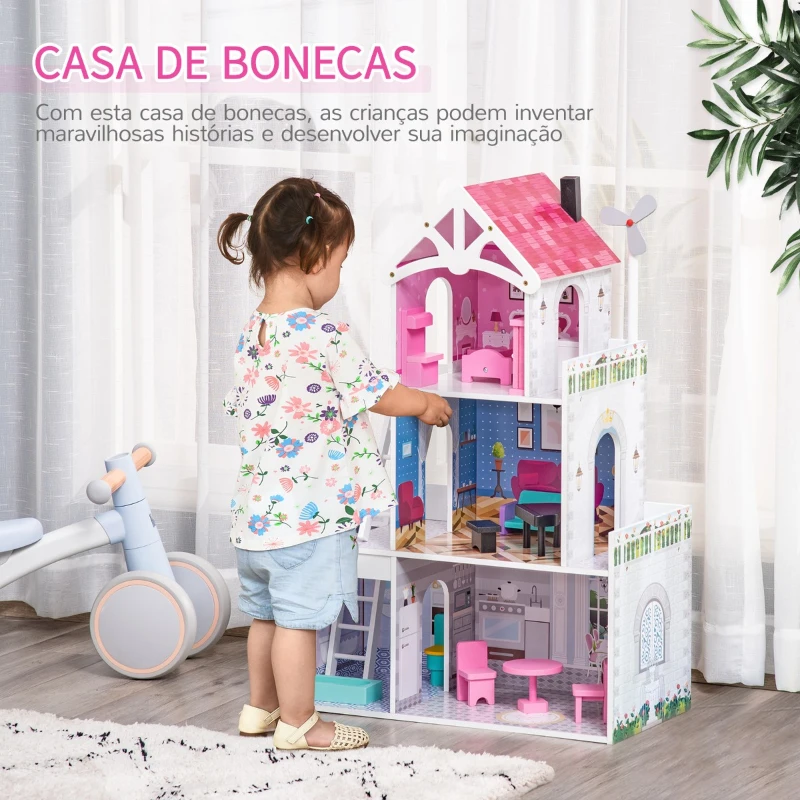 HOMCOM Casa de Bonecas de Madeira de 3 Níveis para Bonecas de 10cm com Móveis e 13 Acessórios Incluídos Casa de Boneca de Brinquedo 60x29x85cm Rosa