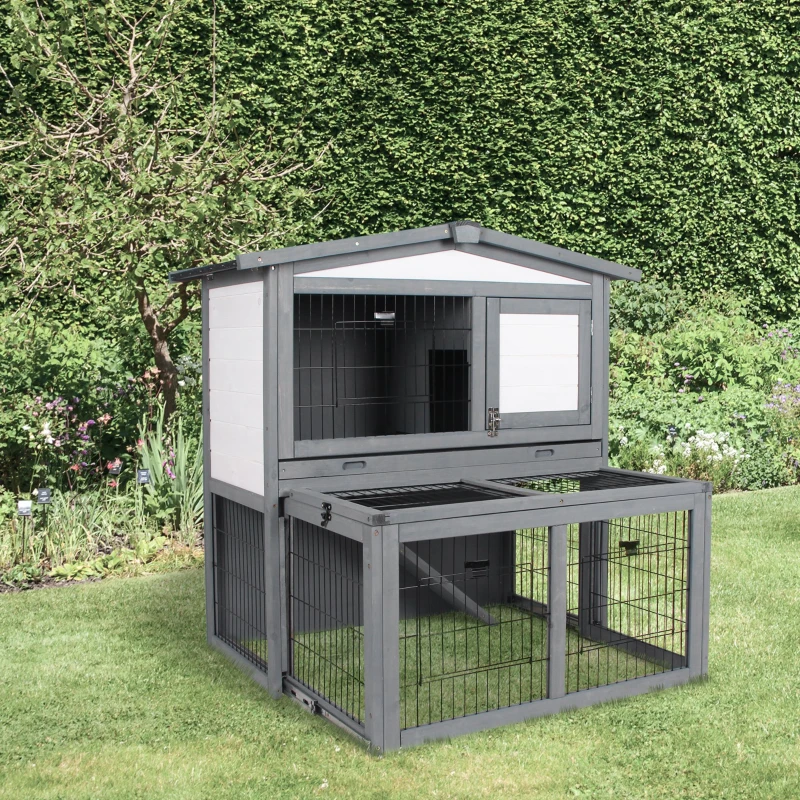 PawHut Coelheira de Exterior de Madeira de 2 Níveis Gaiola para Coelhos e Animais Pequenos com Teto Asfástico Zona Aberta Bandeja Removível e Rampa 101,5x90x100cm Cinza