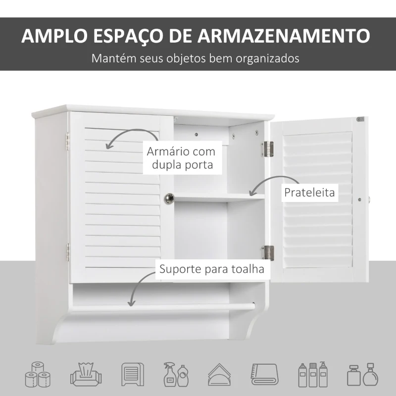 kleankin Armário Casa de Banho de Parede com 2 Portas de Persiana Prateleira Interior e Barra para Toalhas Móvel Auxiliar Suspenso Moderno Multiuso para Cozinha 60x23x60cm Branco
