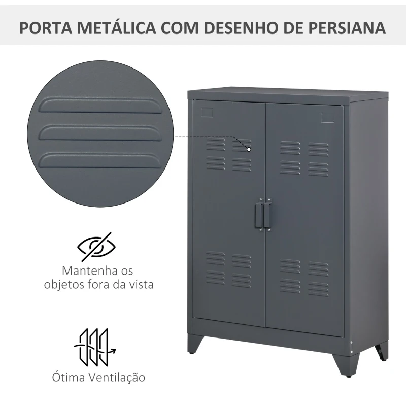 HOMCOM Armário de Metal de Armazenamento com Dupla Porta 2 Prateleiras com Altura Ajustável Armário Multiúso para Escritório Dormitório Garagem 75x33x110cm Cinza