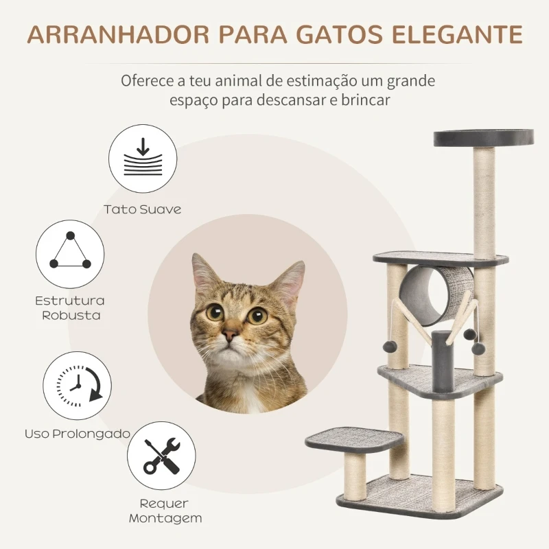 PawHut Árvore para Gatos Grande Torre de Escalar com Múltiplas Plataformas Cama Superior Túnel Postes de Arranhar de Sisal Natural e Brinquedos 49x49x130 cm Bege e Cinza