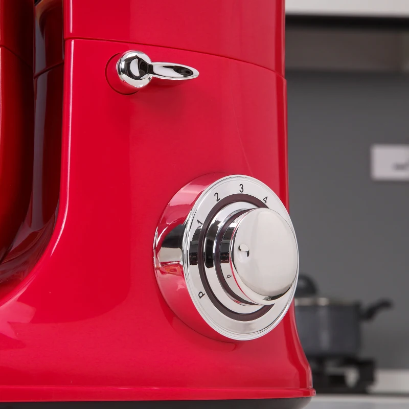 HOMCOM Batedeira para Sobremesa Profissional 1200W Batedeira de Cozinha com 6 Velocidades Taça de Aço Inoxidável de 5,5L e 3 Acessórios Incluidos 37x23x37cm Vermelho