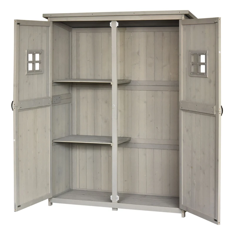 Outsunny Abrigo de Jardim para Ferramentas Armário de Madeira para Exterior com Prateleira Dupla Porta Janelas e Teto Asfáltico 127,5x50x164cm Cinza