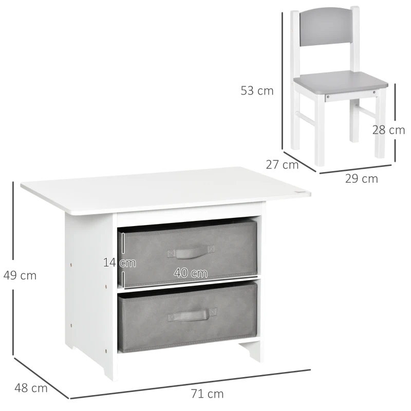 HOMCOM Conjunto de Mesa Infantil de Madeira com 2 Cadeiras 2 Gavetas de TNT de Armazenamento Mobiliário para Crianças Secretária 71x48x49cm Cadeiras 29x27x53cm Branco e Cinza