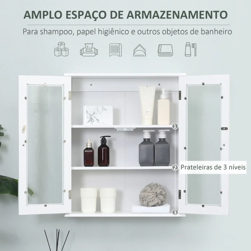 kleankin Armário Casa de Banho de Parede com 2 Portas de Cristal Armário Suspenso com Prateleiras Ajustáveis em Altura Multiuso para Cozinhas Sala de Estar 55x20x65cm Branco