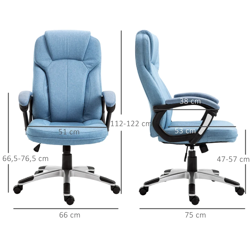 Vinsetto Office Chair, Linen Fabric Desk Chair, Height Adjustable Computer Chair with Padded Armrests, Swivel Wheels and Tilt Function, Blue