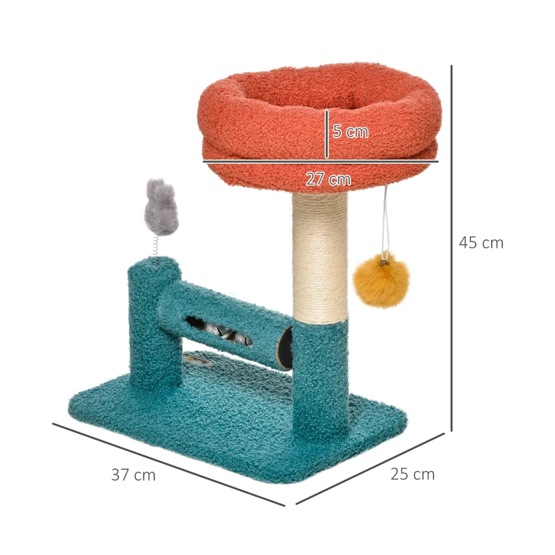 PawHut Árvore para Gatos Pequenos com Cama Removível Rolo com Sinos Poste Arranhador de Sisal Bola Suspensa e Brinquedo 37x25x45cm Azul e Laranja
