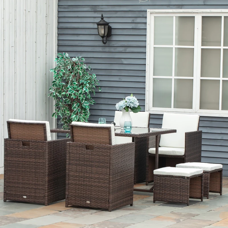 Outsunny Conjunto de Móveis de Vime PE para Jardim Conjunto de 9 Peças Mesa Cadeiras e Bancos com Almofadas para Exterior Marrom