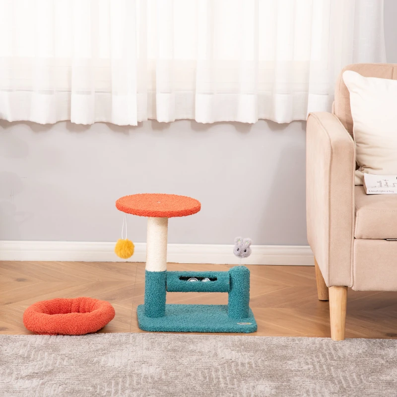 PawHut Árvore para Gatos Pequenos com Cama Removível Rolo com Sinos Poste Arranhador de Sisal Bola Suspensa e Brinquedo 37x25x45cm Azul e Laranja