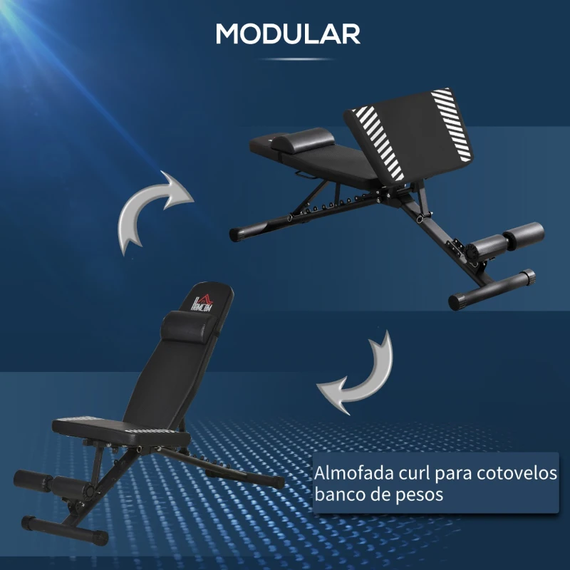 HOMCOM Banco de Pesos Dobrável Banco de Abdominais Ajustável com Encosto Inclinável em 6 Posições e Apoio para a Cabeça para Treinamento Completo do Corpo 145x55x41-114cm Preto