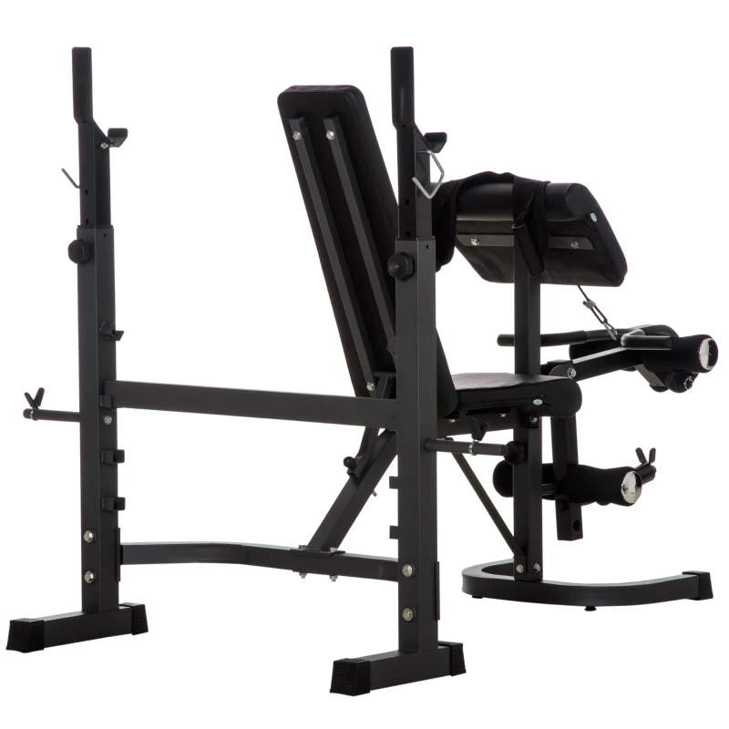 HOMCOM Banco de Musculação Multifuncional Banco de Pesos com Encosto Inclinável e Suporte de Barras com Altura Ajustável para Treinamento do Corpo Completo 187x140x117-136cm Preto