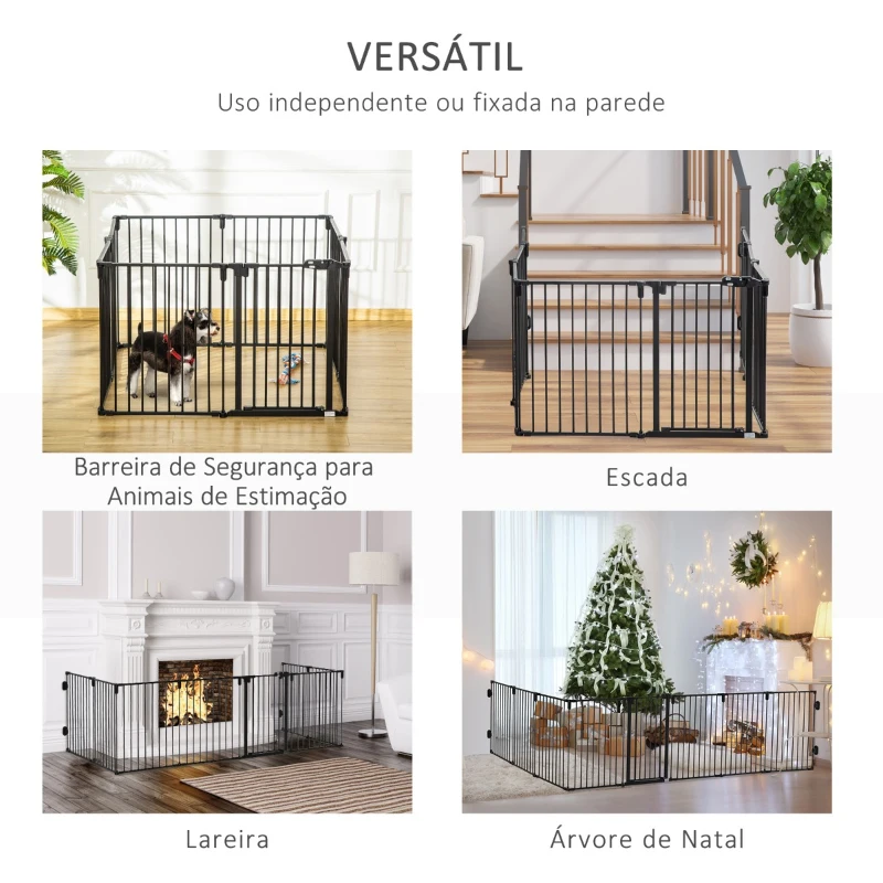 Pawhut Parque para Cães com 8 Painéis 60x76 cm Barreira de Proteção Animais de Estimação Dobrável Porta e Fechadura Dupla Preto