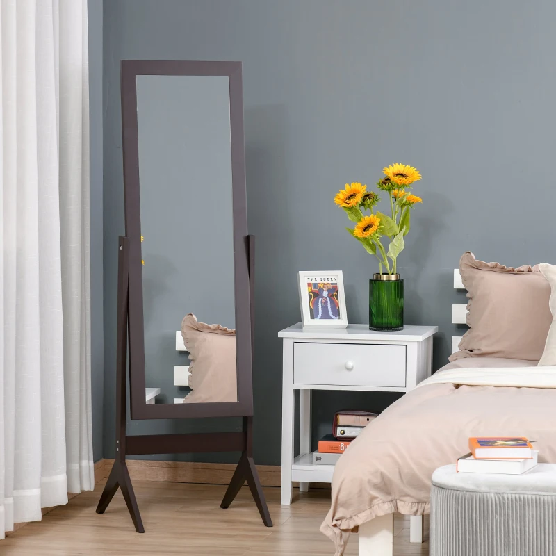HOMCOM Espelho de Pé para Maquilhagem Reclinável com Estrutura de Madeira para Dormitório Vestidor 47x46x148 cm Marrom
