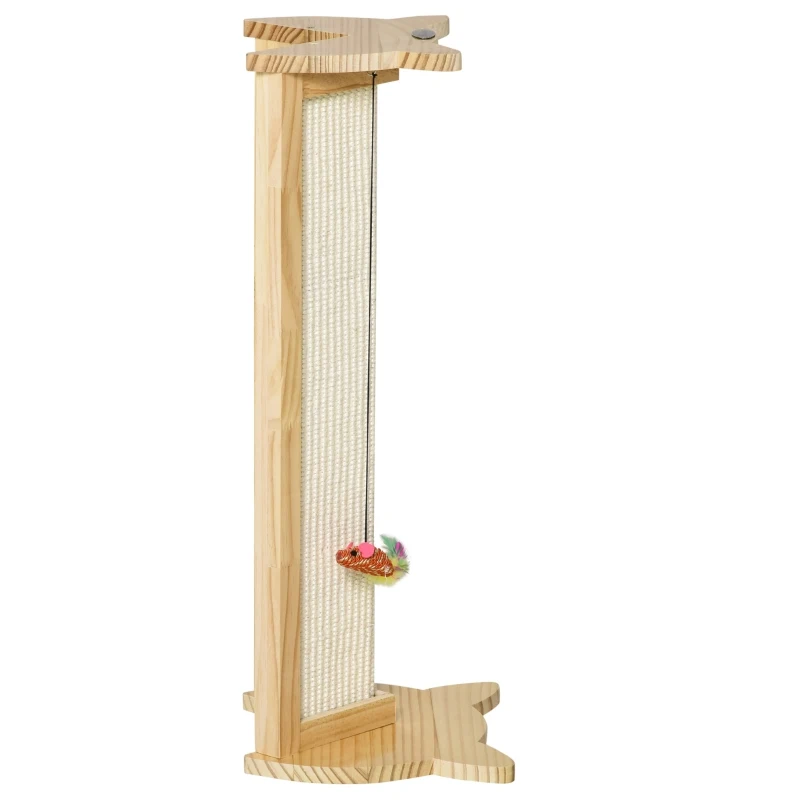 PawHut Arranhador de Gatos para Esquinas Placa Arranhadora de Sisal Natural para Esquinas com Brinquedo Suspenso 25x23x62cm Madeira Natural