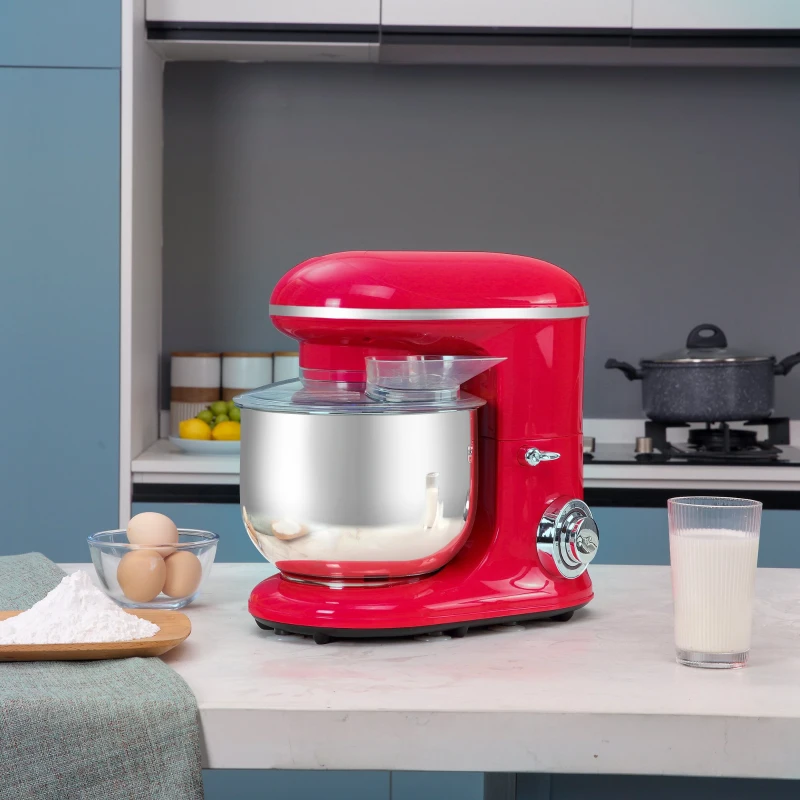HOMCOM Batedeira para Sobremesa Profissional 1200W Batedeira de Cozinha com 6 Velocidades Taça de Aço Inoxidável de 5,5L e 3 Acessórios Incluidos 37x23x37cm Vermelho